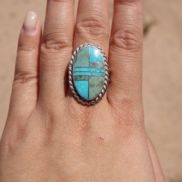 Navajo Sonoran and AZ Blue Turquoise Inlay Ring Signed Handmade‎ NA Sz 8.25US** - Picture 1 of 14